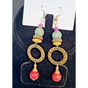 Bohemian Hippy Artisan Purple Green Red Bronze Dangle Drop Earrings 3.25"